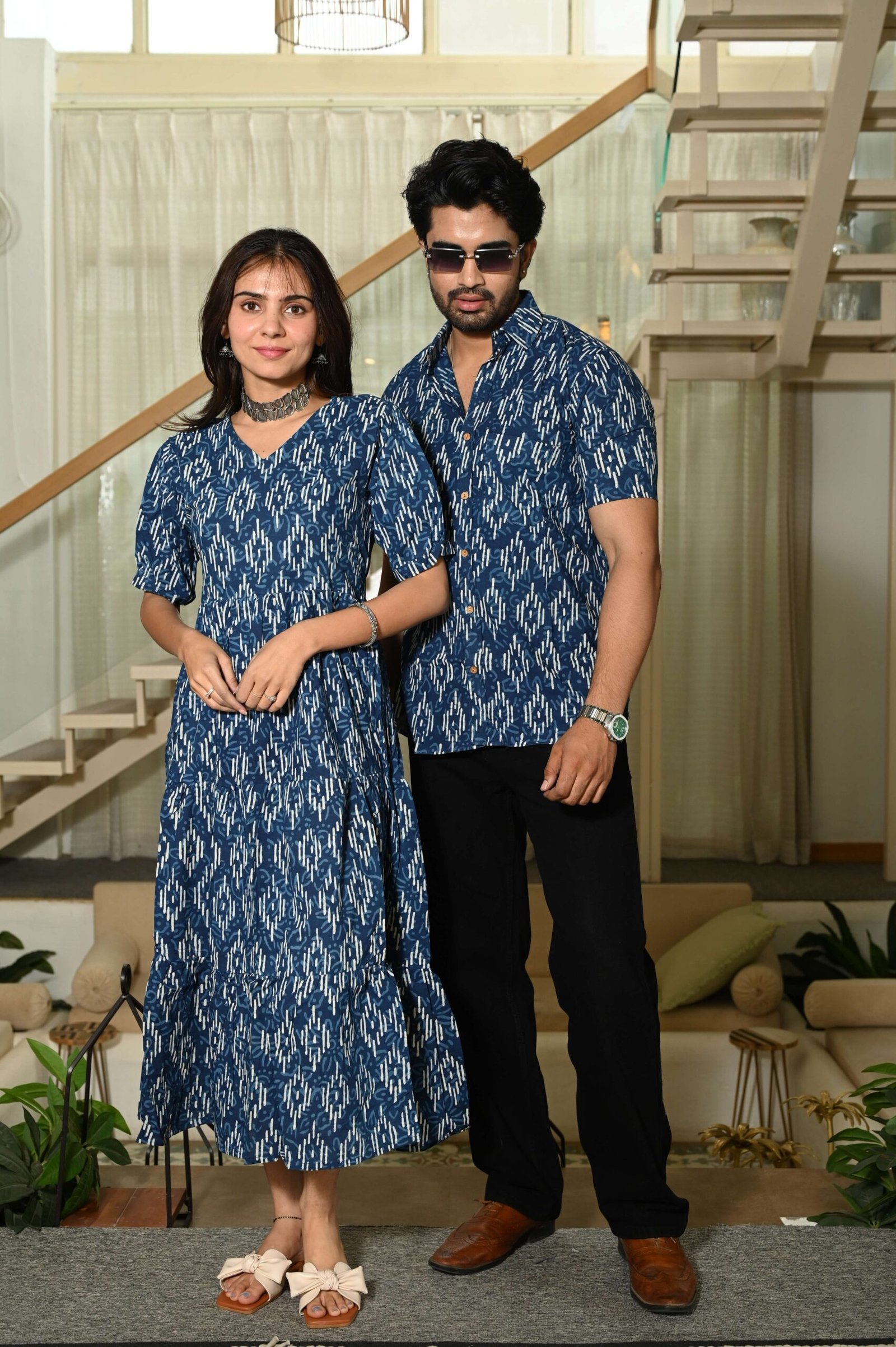 Couple Matching Blue Ikat Print Cotton Anarkali Midi Dress and Shirt Set - Image 3