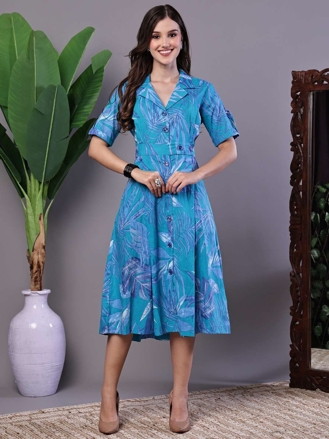 Women's Blue Floral Cotton Pleated Midi Dress with Collar