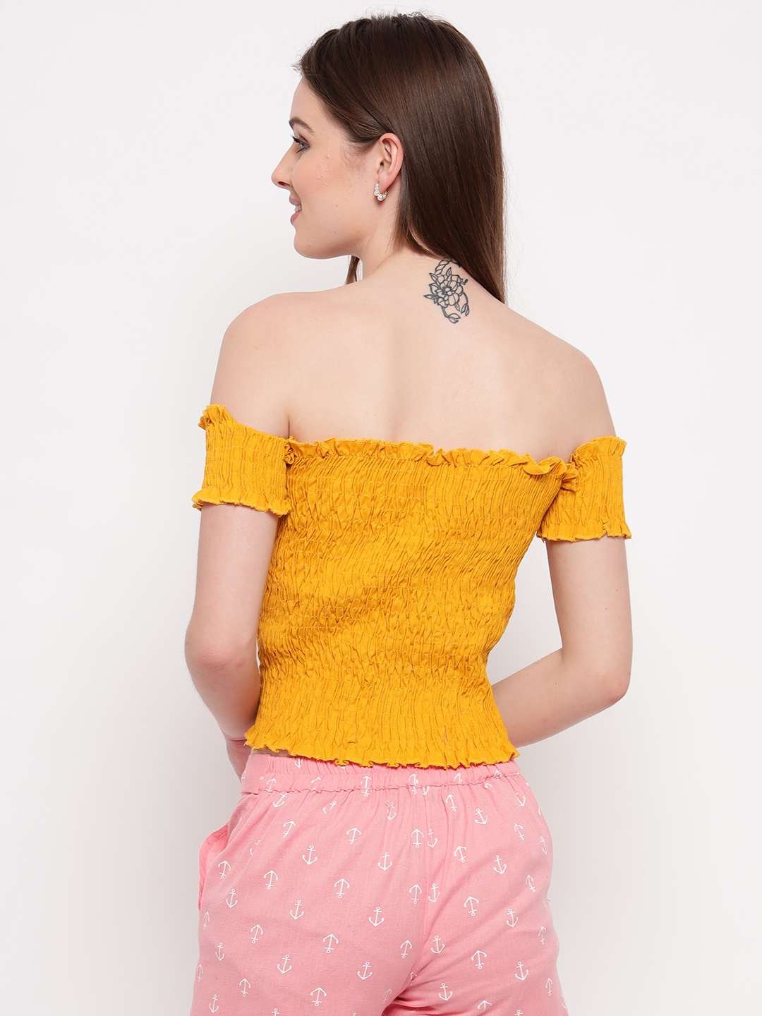 Women's Rayon Solid Off-Shoulder Smocked Crop Top Short Sleeve Casual Styles Tank Top (FREE SIZE) Multi24 - Image 2